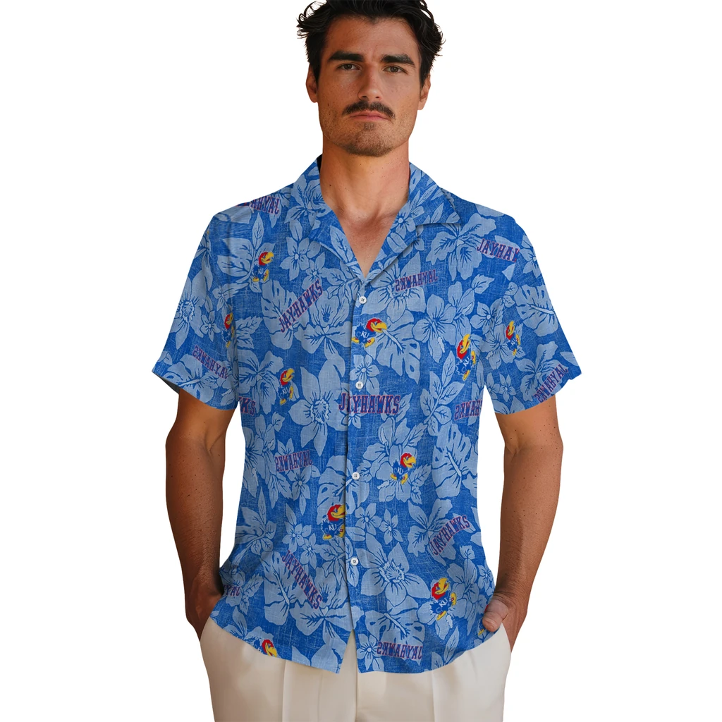 Kansas Jayhawks Hawaiian Shirt - Hibiscus Oasis kansas jayhawks hibiscus oasis blue hawaiian shirts fashion forward