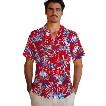 kansas jayhawks hibiscus overlay hawaiian shirts fashion forward