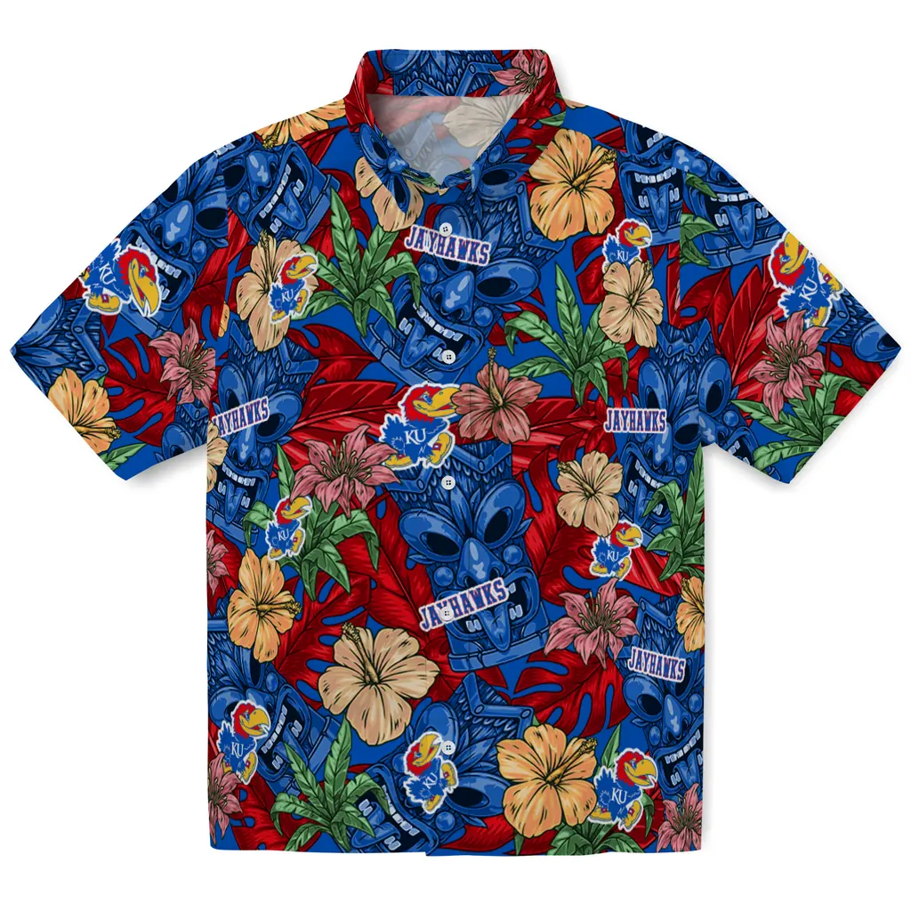 Kansas Jayhawks Hawaiian Shirt - Hibiscus Tiki Jungle kansas jayhawks tiki jungle blue hawaiian shirts best selling