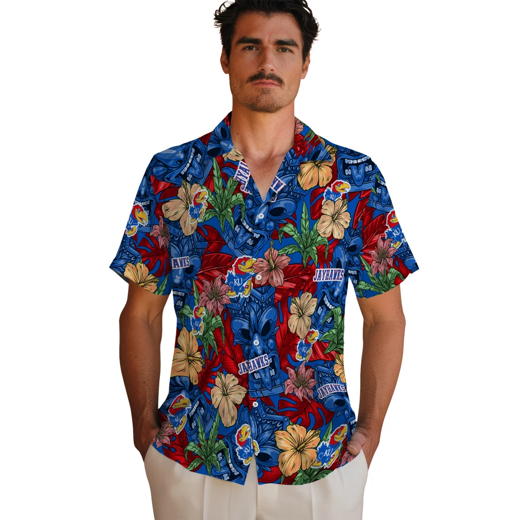 Kansas Jayhawks Hawaiian Shirt - Hibiscus Tiki Jungle kansas jayhawks tiki jungle blue hawaiian shirts fashion forward