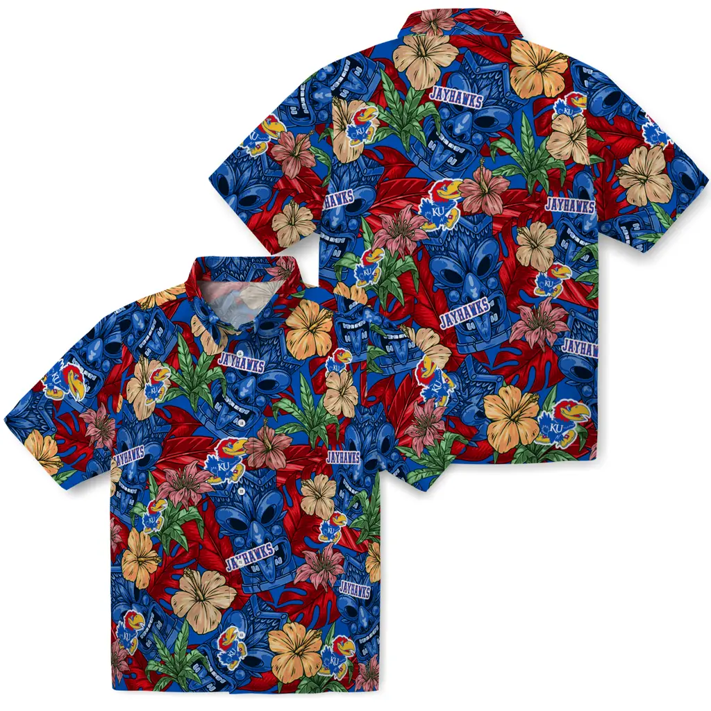Kansas Jayhawks Hawaiian Shirt - Hibiscus Tiki Jungle kansas jayhawks tiki jungle blue hawaiian shirts high quality