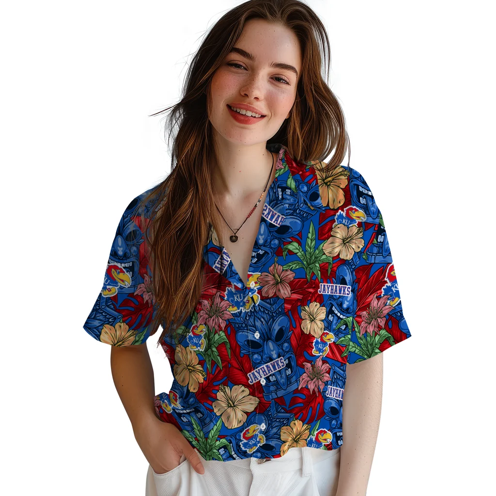 Kansas Jayhawks Hawaiian Shirt - Hibiscus Tiki Jungle kansas jayhawks tiki jungle blue hawaiian shirts latest model