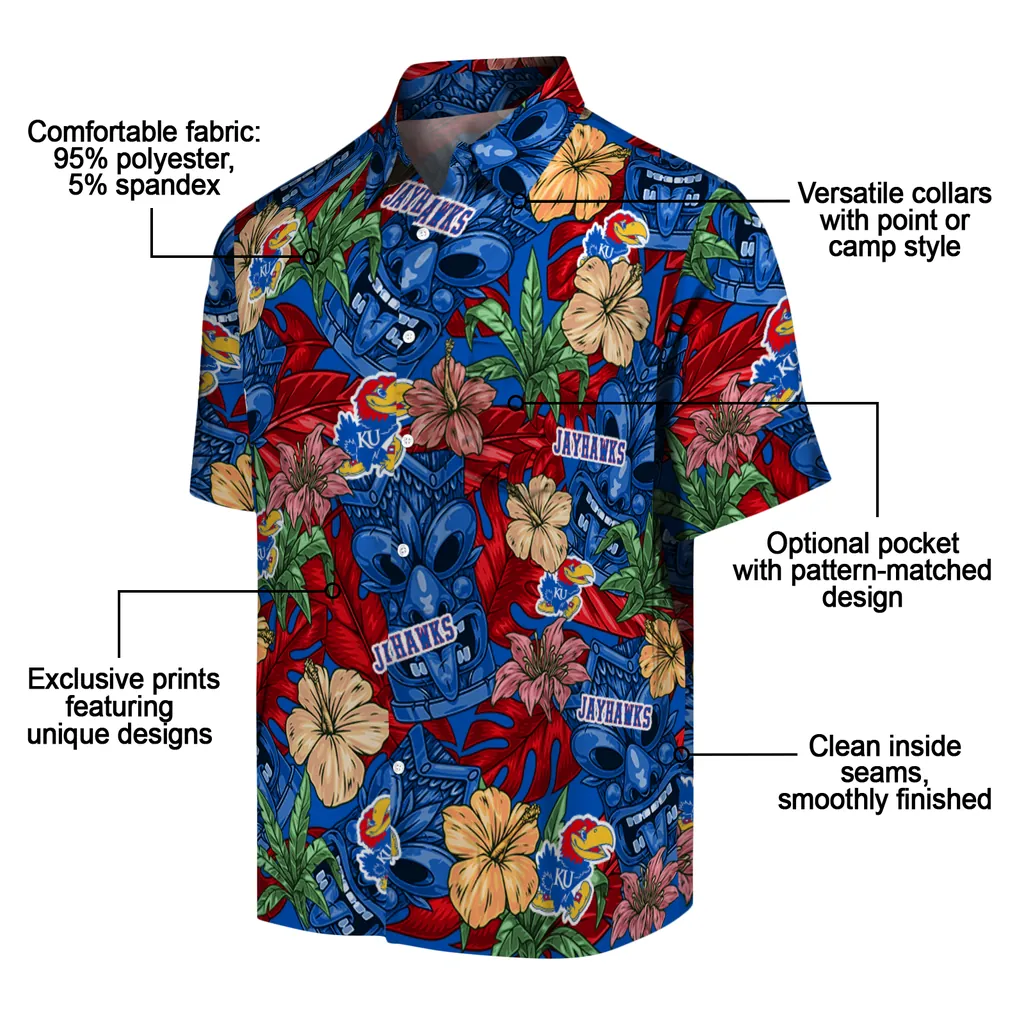 Kansas Jayhawks Hawaiian Shirt - Hibiscus Tiki Jungle kansas jayhawks tiki jungle blue hawaiian shirts new arrival