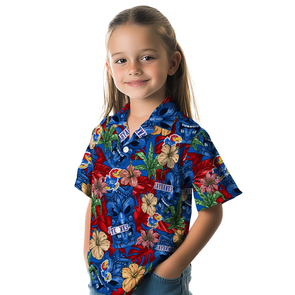 Kansas Jayhawks Hawaiian Shirt - Hibiscus Tiki Jungle kansas jayhawks tiki jungle blue hawaiian shirts premium grade