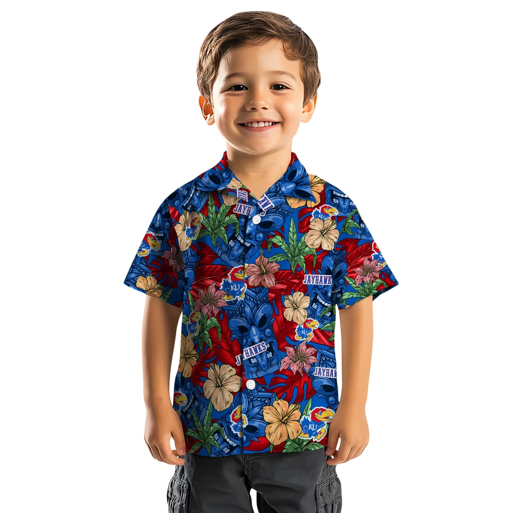 Kansas Jayhawks Hawaiian Shirt - Hibiscus Tiki Jungle kansas jayhawks tiki jungle blue hawaiian shirts top rated