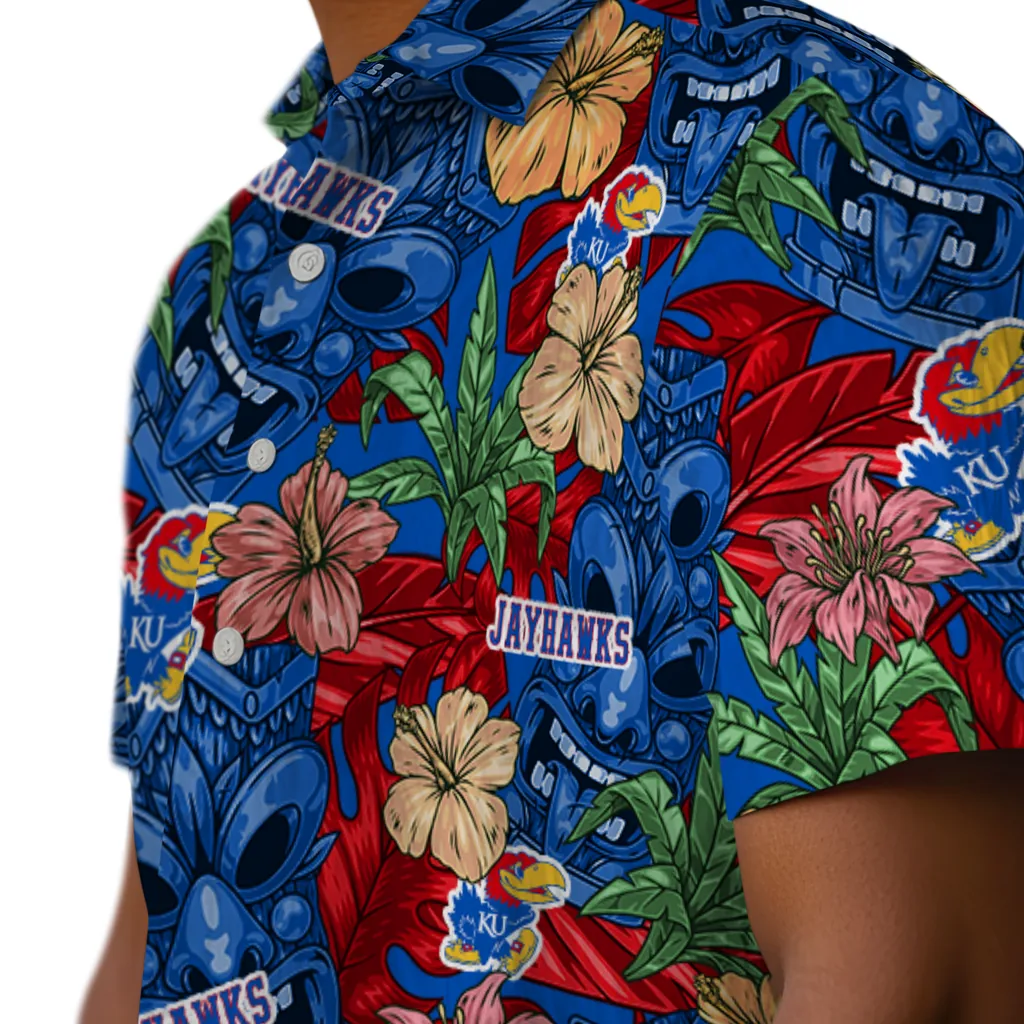 Kansas Jayhawks Hawaiian Shirt - Hibiscus Tiki Jungle kansas jayhawks tiki jungle blue hawaiian shirts trendy