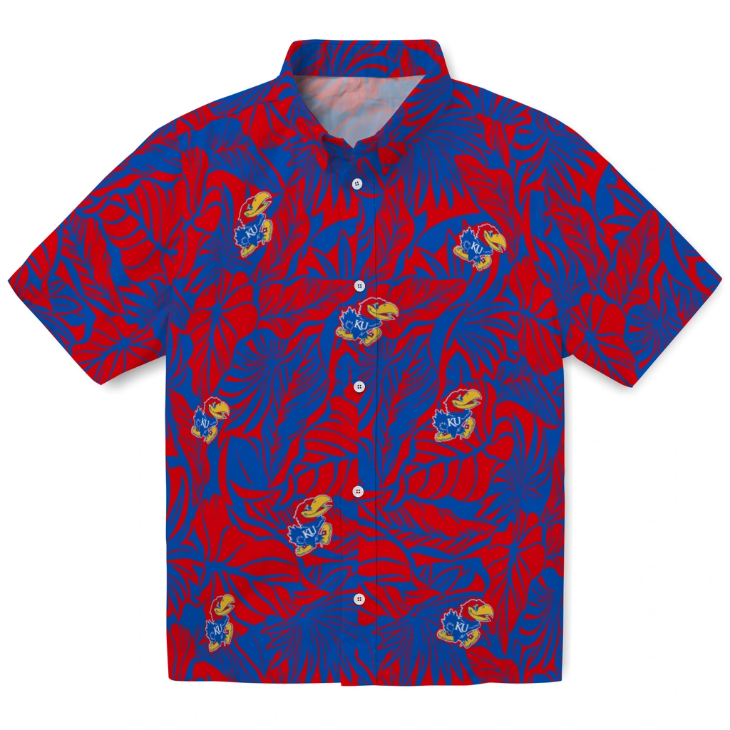 Kansas Jayhawks Hawaiian Shirt - Monstera Layer kansas jayhawks monstera layer blue hawaiian shirts best selling