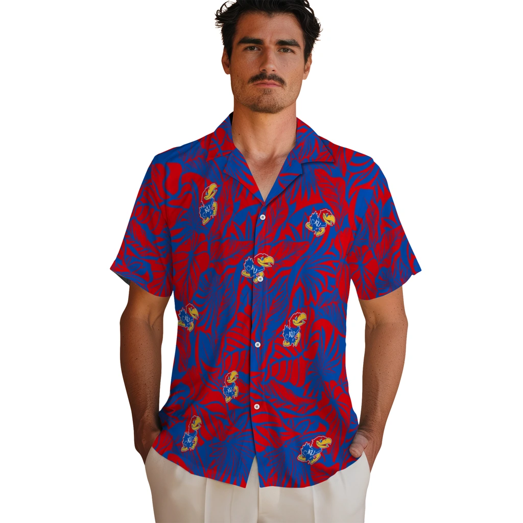 Kansas Jayhawks Hawaiian Shirt - Monstera Layer kansas jayhawks monstera layer blue hawaiian shirts fashion forward