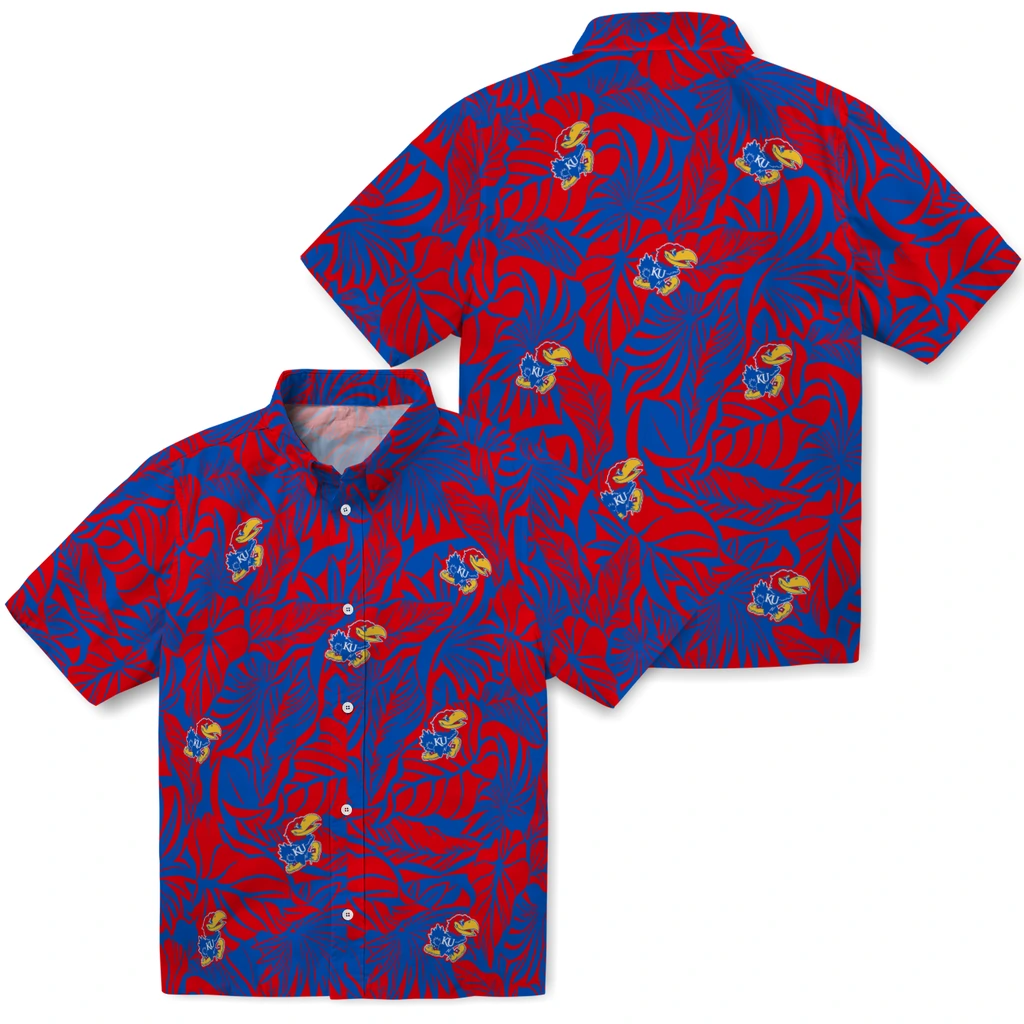 Kansas Jayhawks Hawaiian Shirt - Monstera Layer kansas jayhawks monstera layer blue hawaiian shirts high quality