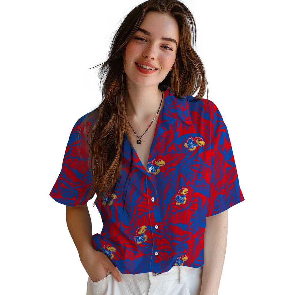 Kansas Jayhawks Hawaiian Shirt - Monstera Layer kansas jayhawks monstera layer blue hawaiian shirts latest model