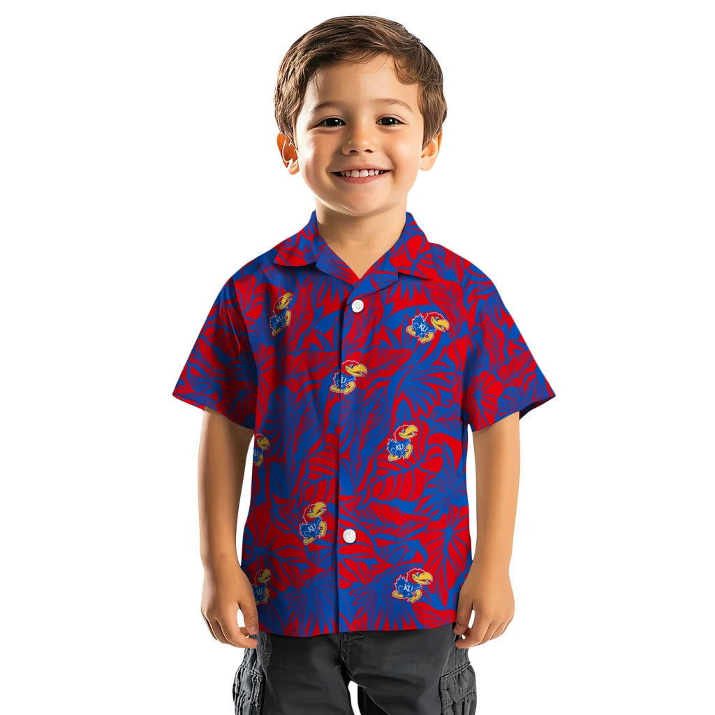 Kansas Jayhawks Hawaiian Shirt - Monstera Layer kansas jayhawks monstera layer blue hawaiian shirts top rated