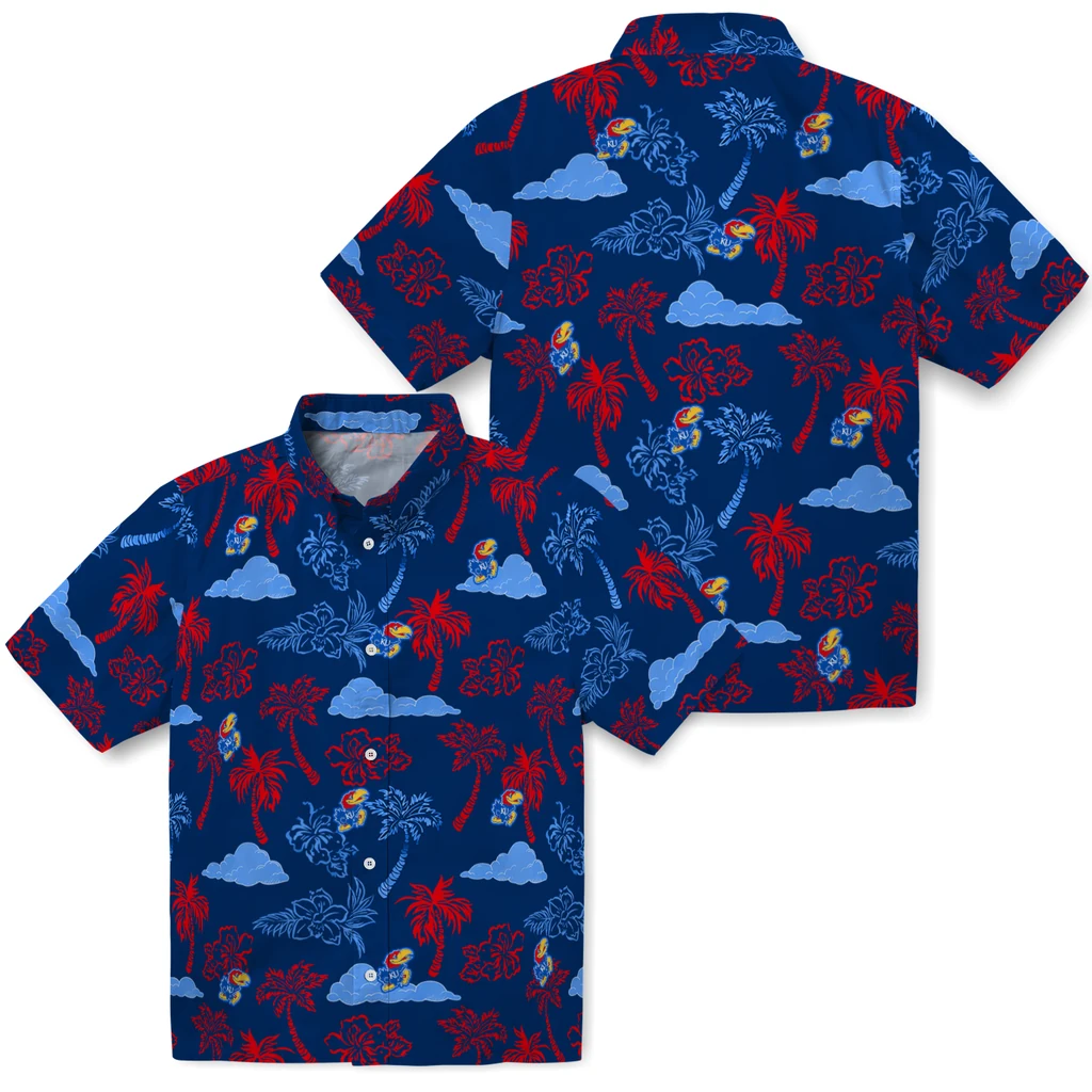 Kansas Jayhawks Hawaiian Shirt - Palm And Clouds kansas jayhawks palm and clouds blue hawaiian shirts high quality