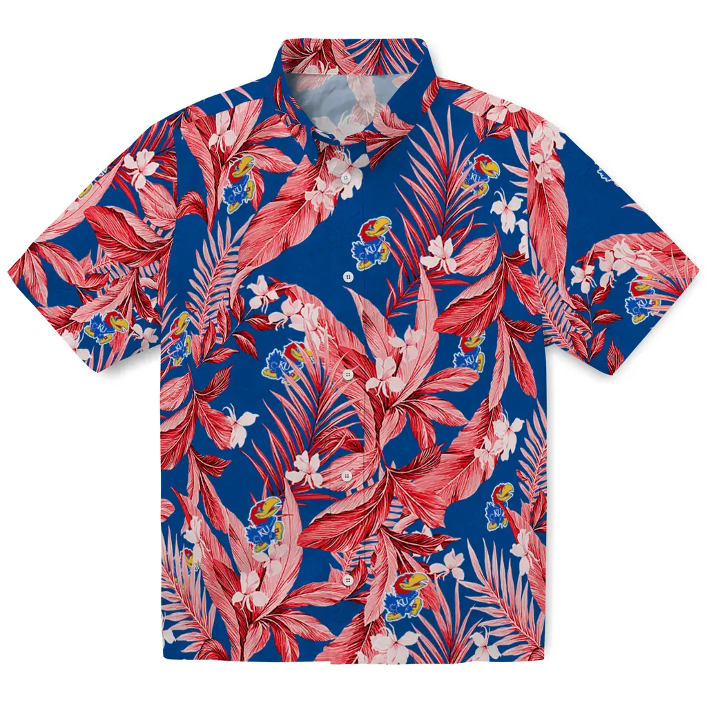 Kansas Jayhawks Hawaiian Shirt - Palm Leaves kansas jayhawks palm leaves blue hawaiian shirts best selling