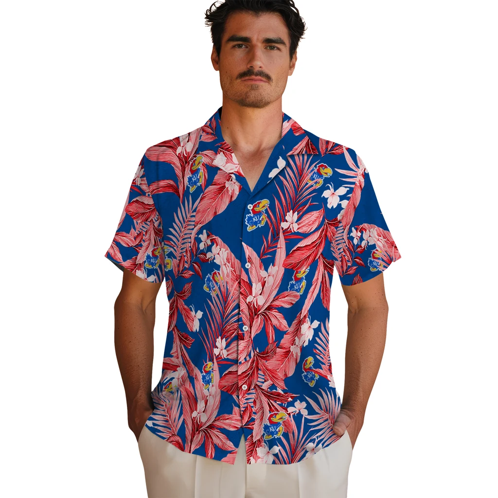 Kansas Jayhawks Hawaiian Shirt - Palm Leaves kansas jayhawks palm leaves blue hawaiian shirts fashion forward