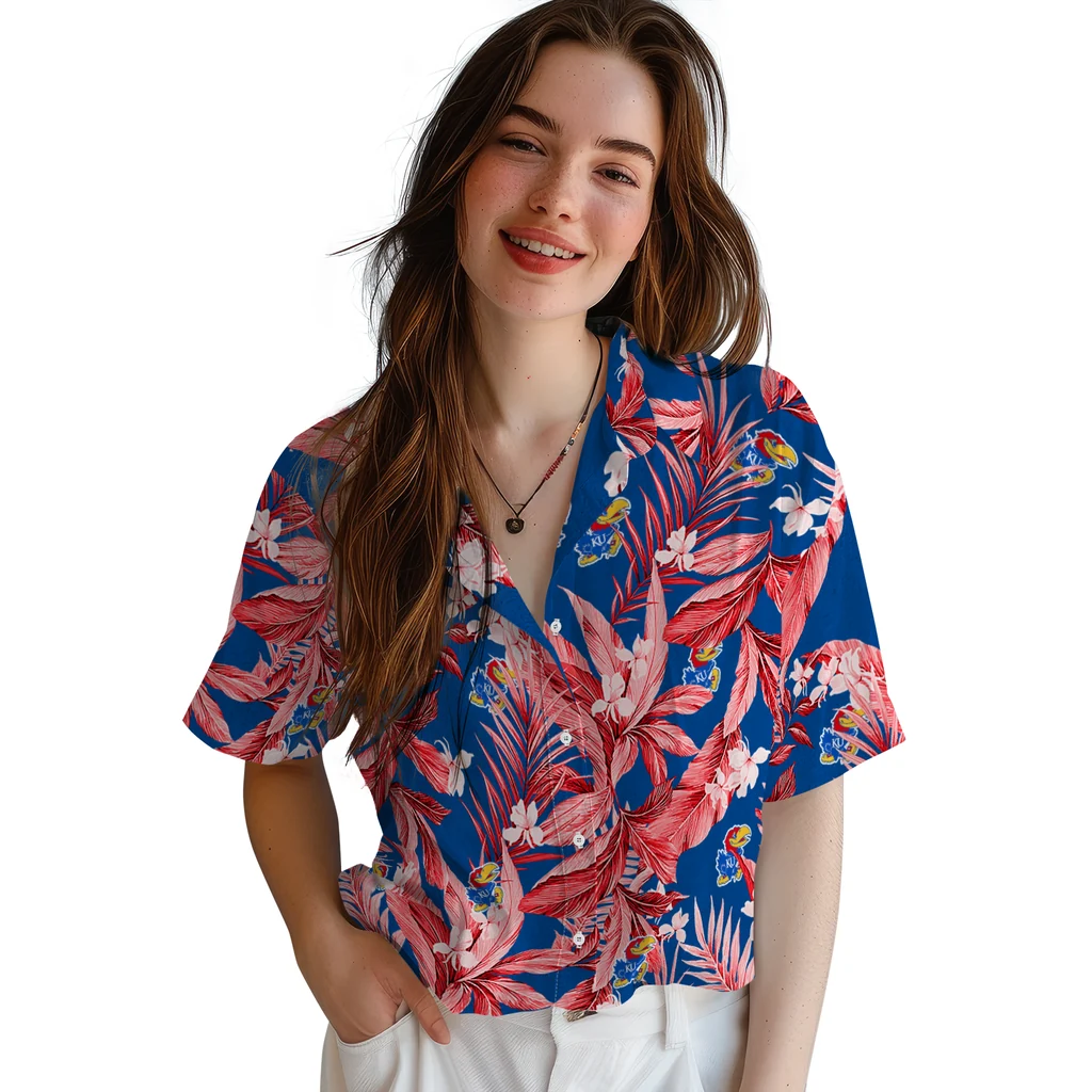 Kansas Jayhawks Hawaiian Shirt - Palm Leaves kansas jayhawks palm leaves blue hawaiian shirts latest model