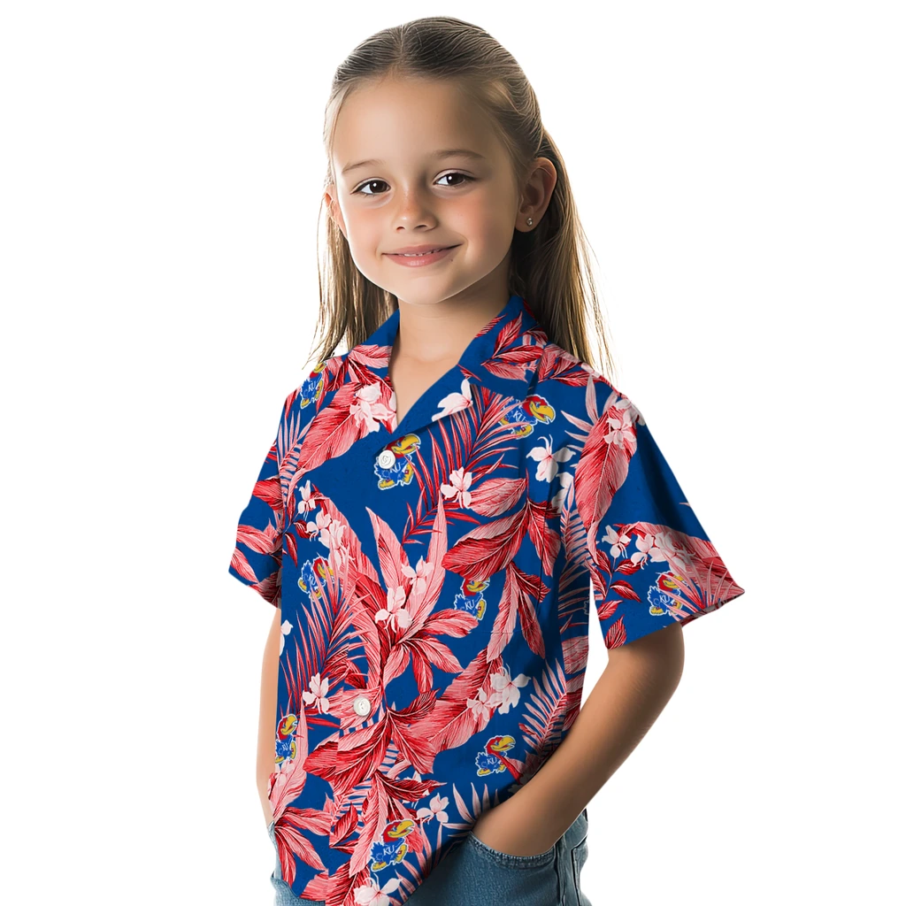Kansas Jayhawks Hawaiian Shirt - Palm Leaves kansas jayhawks palm leaves blue hawaiian shirts premium grade
