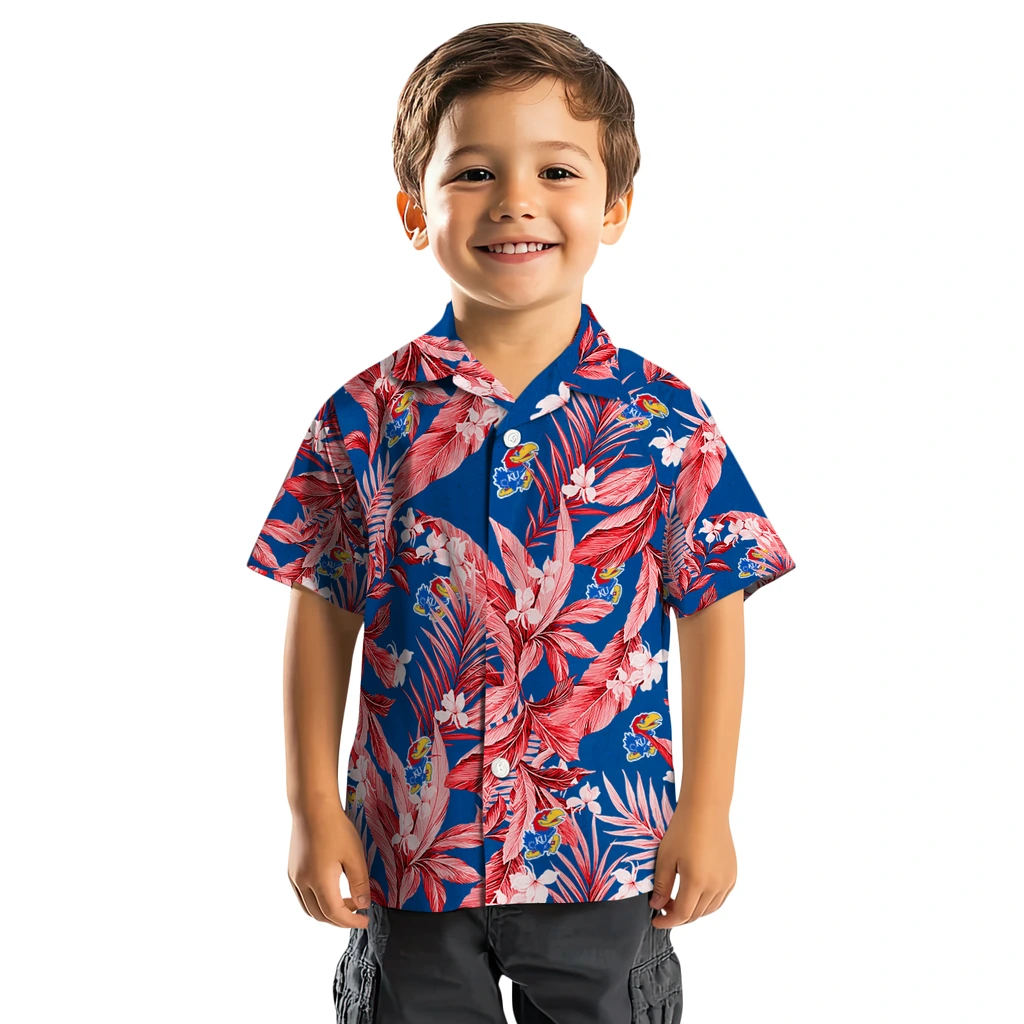 Kansas Jayhawks Hawaiian Shirt - Palm Leaves kansas jayhawks palm leaves blue hawaiian shirts top rated
