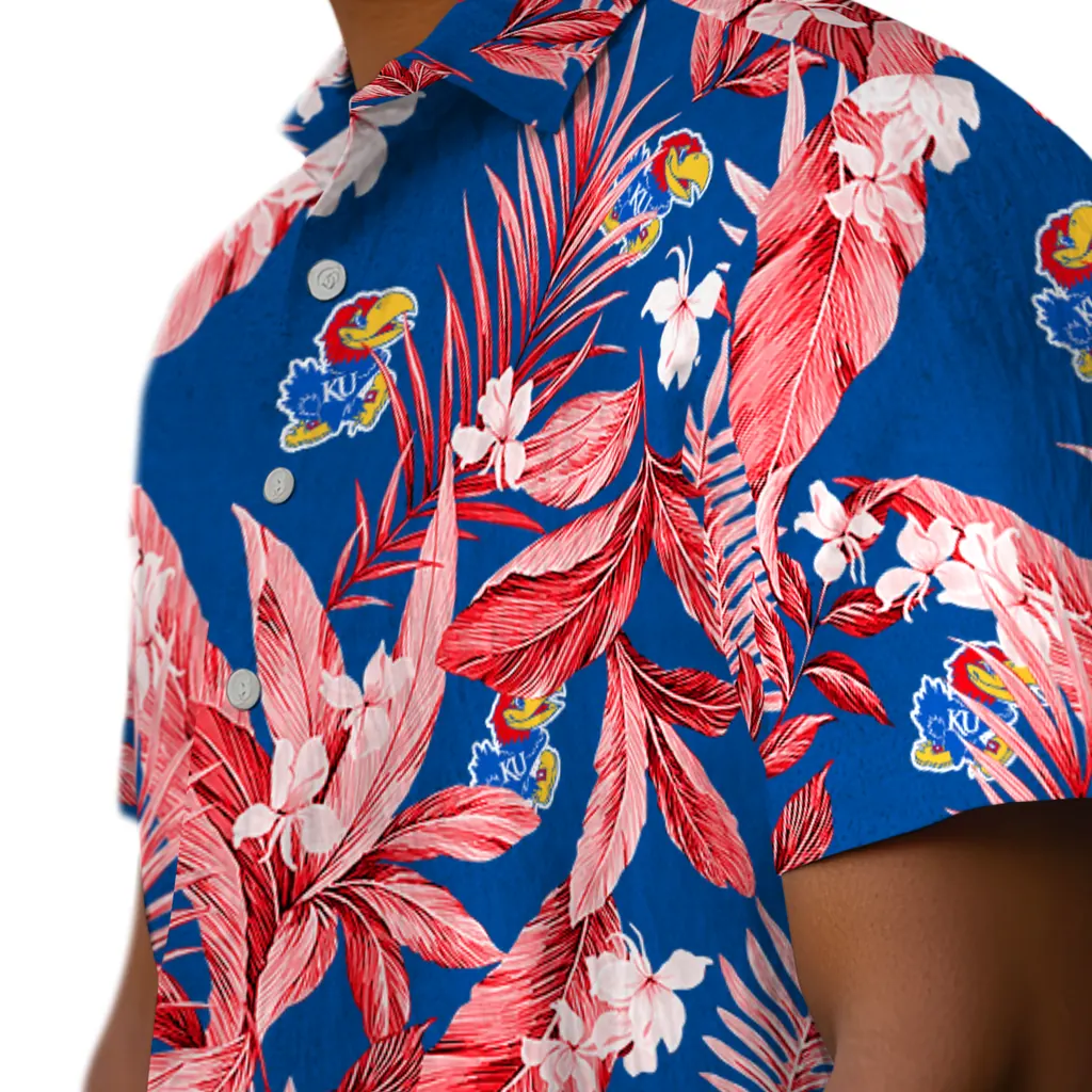 Kansas Jayhawks Hawaiian Shirt - Palm Leaves kansas jayhawks palm leaves blue hawaiian shirts trendy