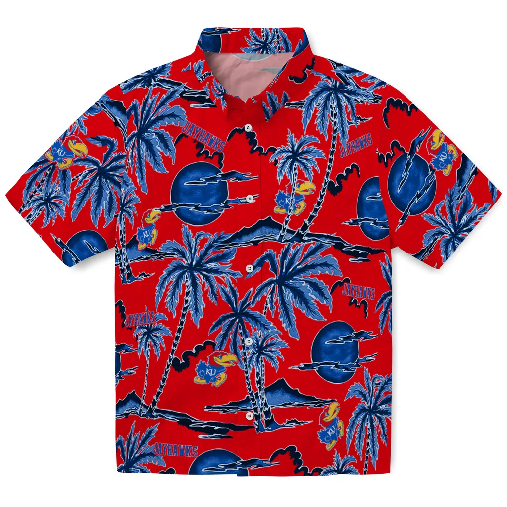 Kansas Jayhawks Hawaiian Shirt - Palm Sunset kansas jayhawks palm sunset hawaiian shirts best selling