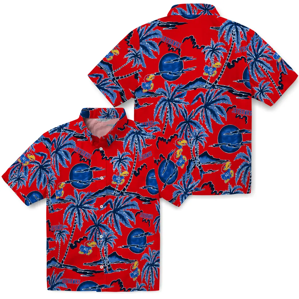 Kansas Jayhawks Hawaiian Shirt - Palm Sunset kansas jayhawks palm sunset hawaiian shirts high quality