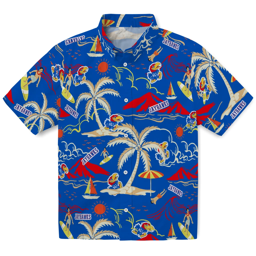 Kansas Jayhawks Hawaiian Shirt - Palm Tree Island kansas jayhawks palm tree island blue hawaiian shirts best selling