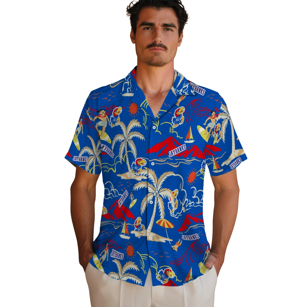 Kansas Jayhawks Hawaiian Shirt - Palm Tree Island kansas jayhawks palm tree island blue hawaiian shirts fashion forward