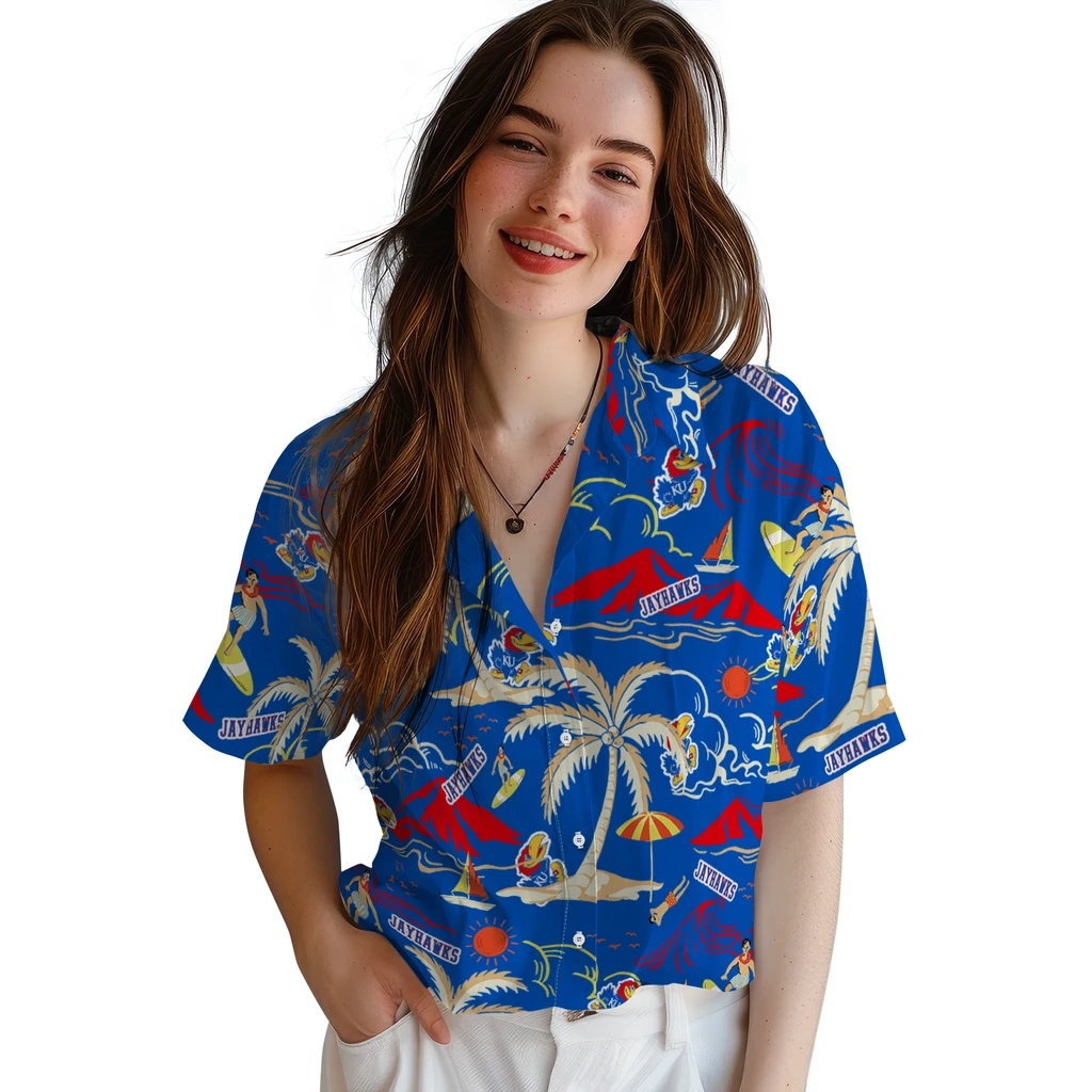 Kansas Jayhawks Hawaiian Shirt - Palm Tree Island kansas jayhawks palm tree island blue hawaiian shirts latest model