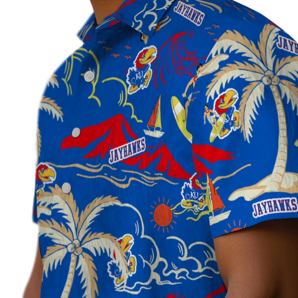 Kansas Jayhawks Hawaiian Shirt - Palm Tree Island kansas jayhawks palm tree island blue hawaiian shirts trendy