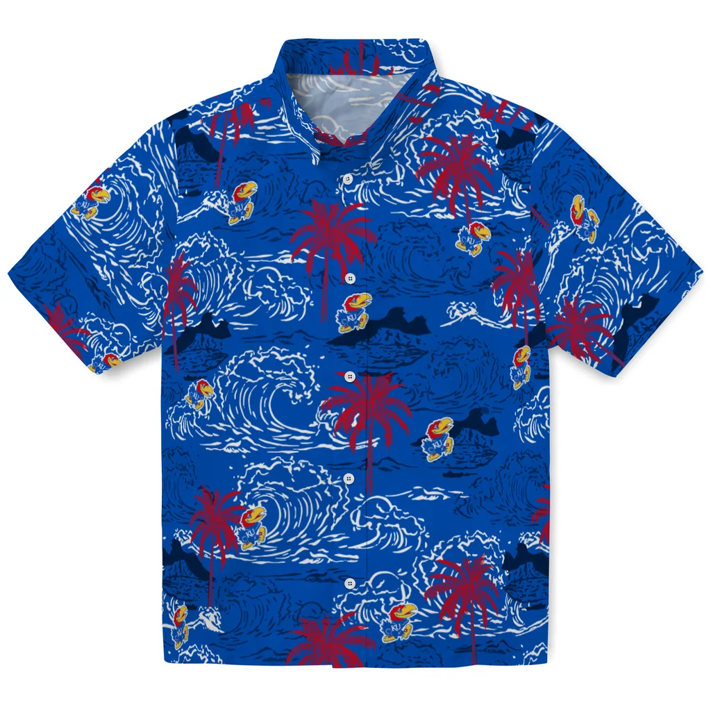 Kansas Jayhawks Hawaiian Shirt - Wave Palm kansas jayhawks wave palm blue hawaiian shirts best selling
