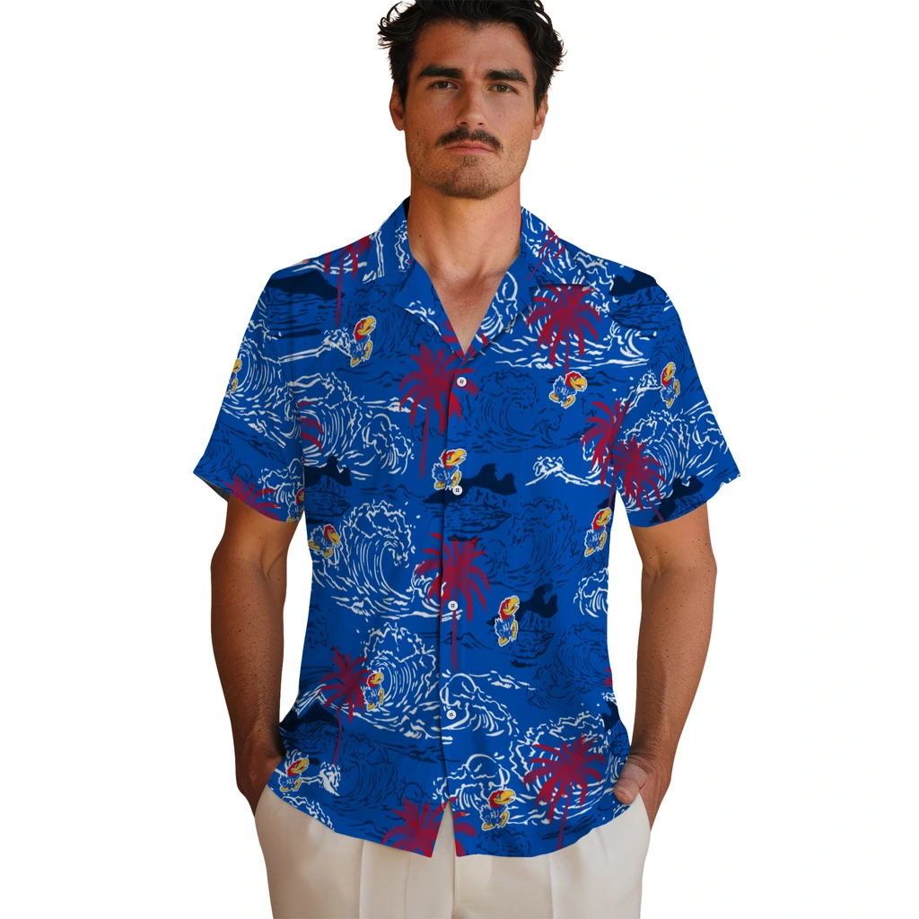Kansas Jayhawks Hawaiian Shirt - Wave Palm kansas jayhawks wave palm blue hawaiian shirts fashion forward