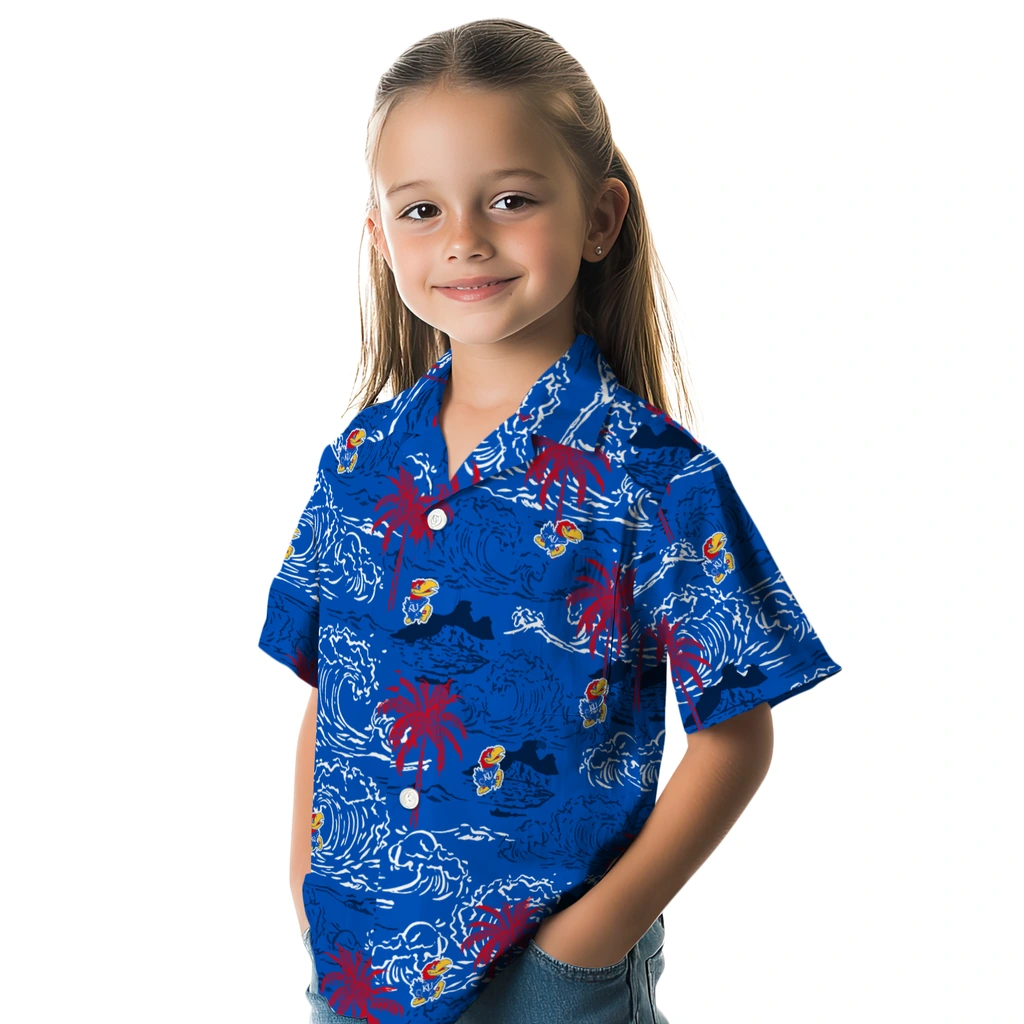 Kansas Jayhawks Hawaiian Shirt - Wave Palm kansas jayhawks wave palm blue hawaiian shirts premium grade