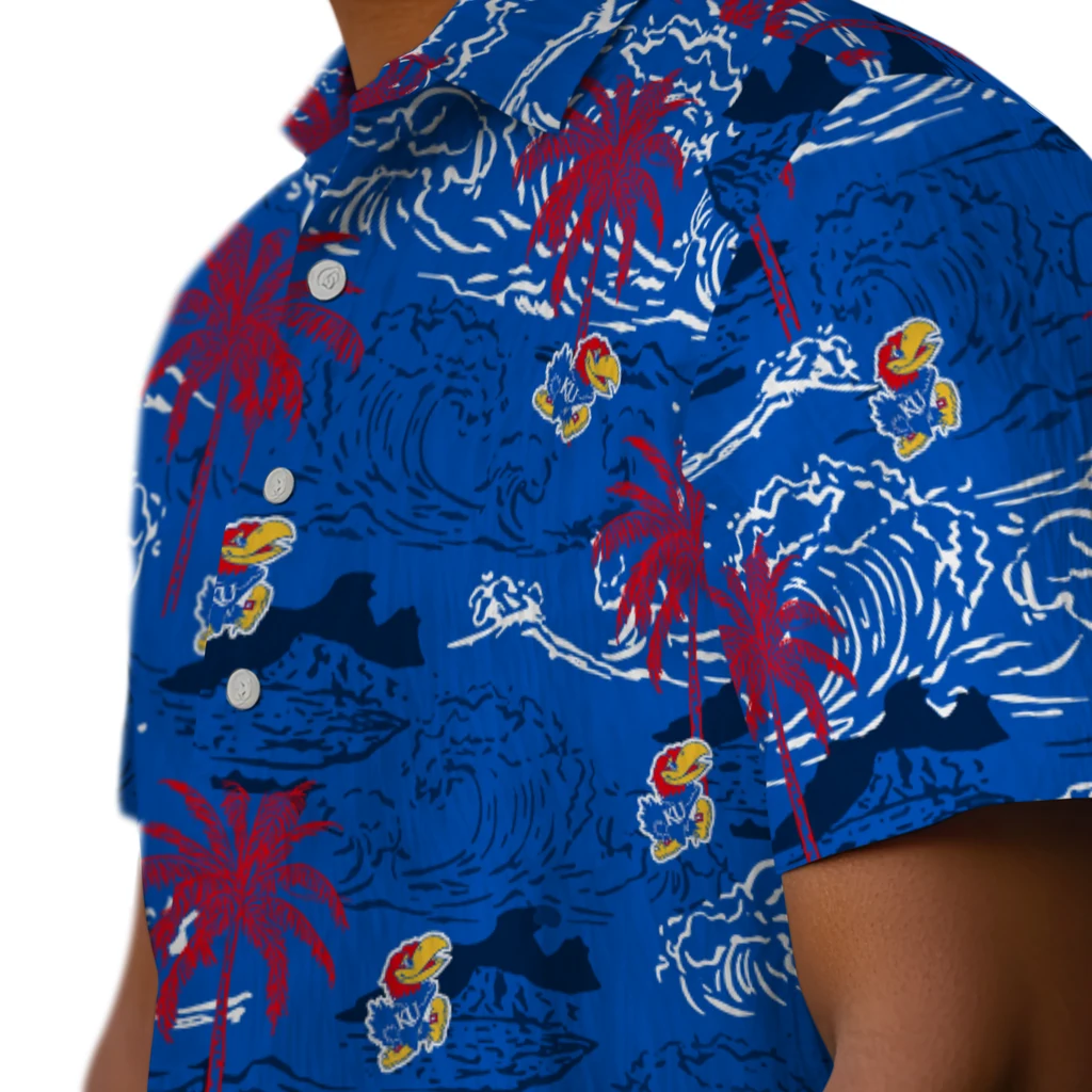 Kansas Jayhawks Hawaiian Shirt - Wave Palm kansas jayhawks wave palm blue hawaiian shirts trendy