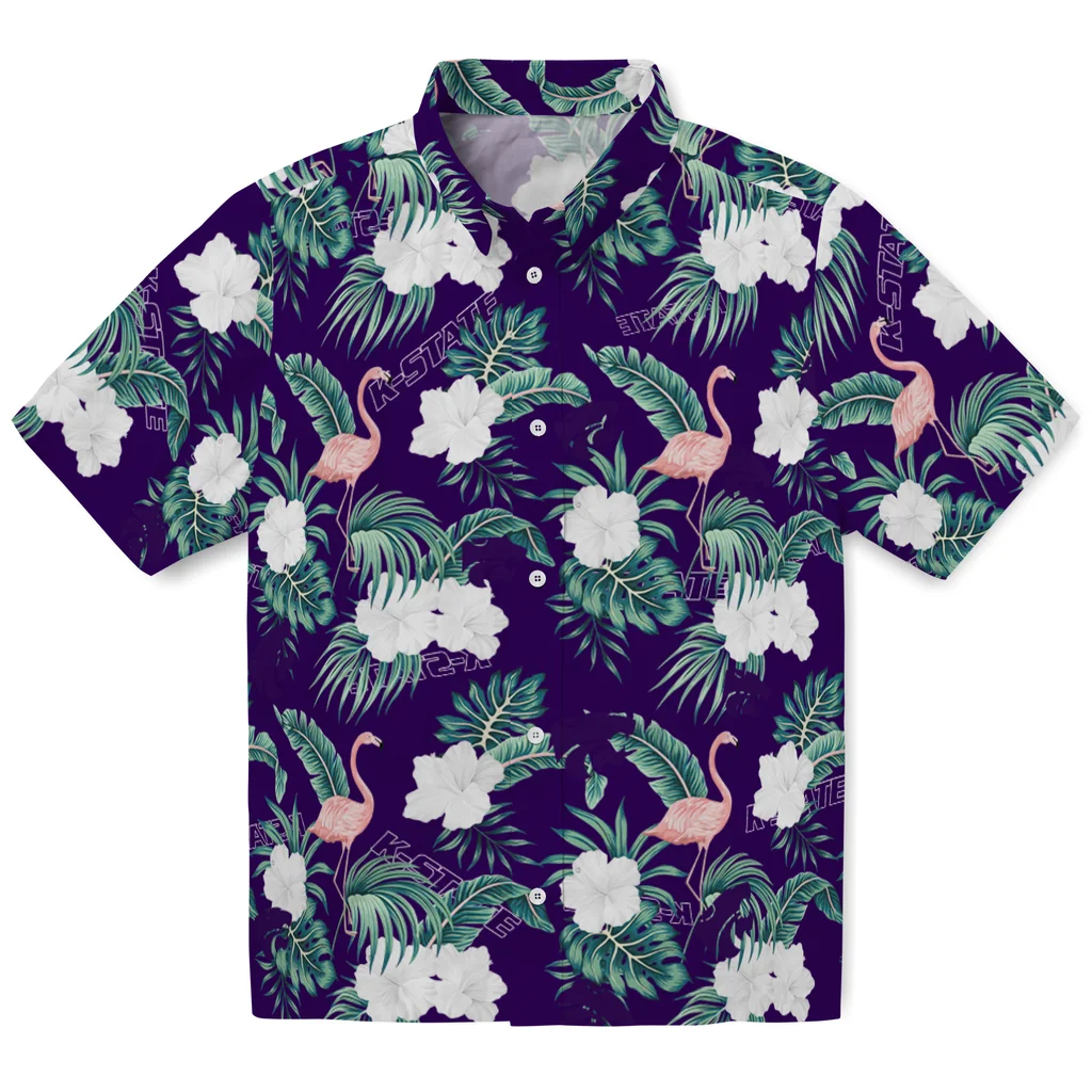 Kansas State Wildcats Hawaiian Shirt - Flamingo and Hibiscus kansas state wildcats flamingo palms purple hawaiian shirts best selling