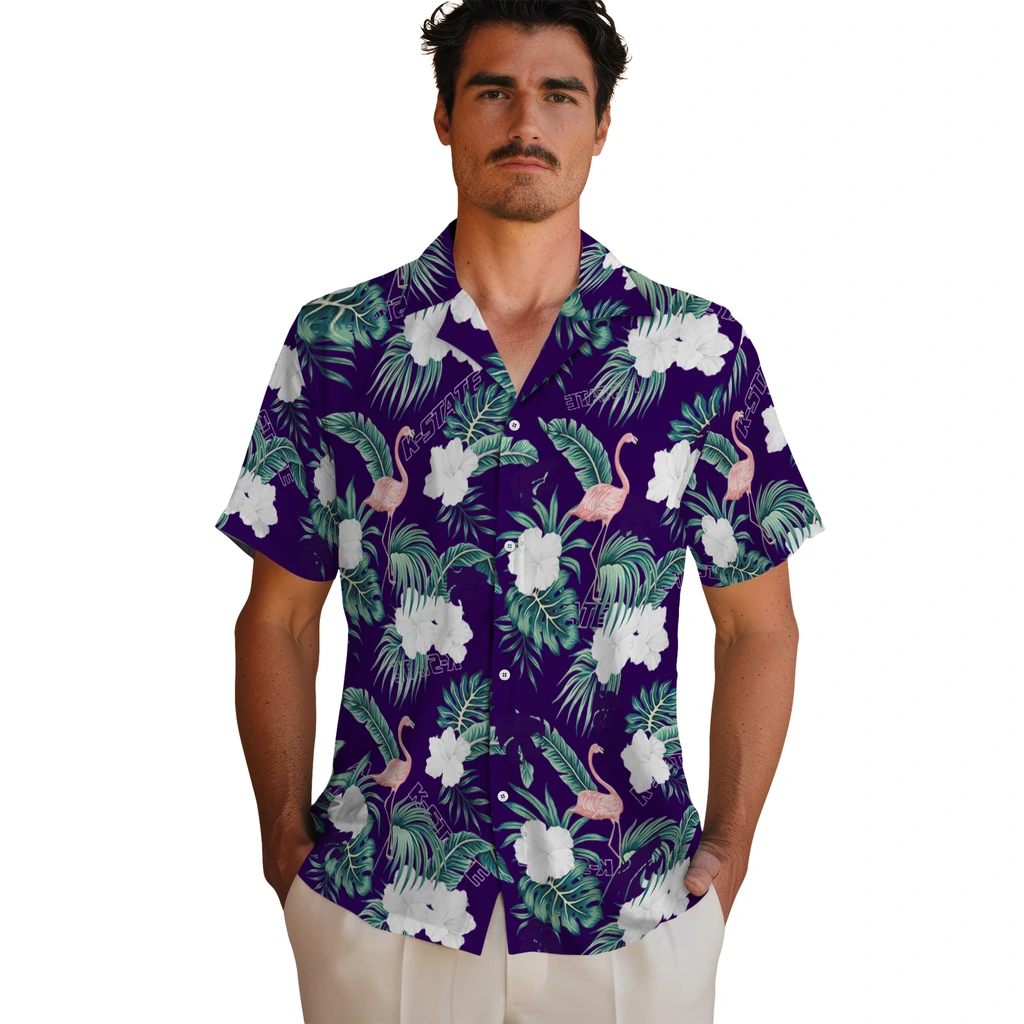 Kansas State Wildcats Hawaiian Shirt - Flamingo and Hibiscus kansas state wildcats flamingo palms purple hawaiian shirts fashion forward