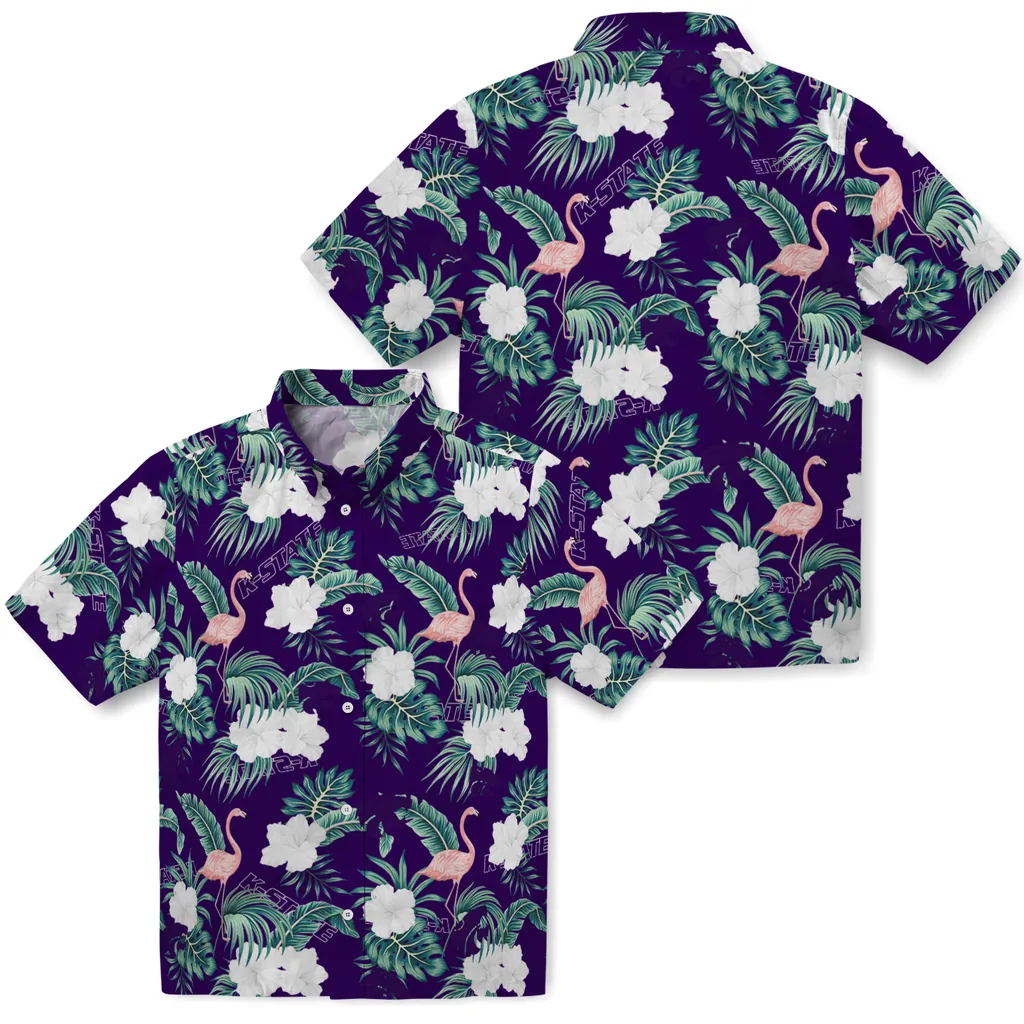 Kansas State Wildcats Hawaiian Shirt - Flamingo and Hibiscus kansas state wildcats flamingo palms purple hawaiian shirts high quality
