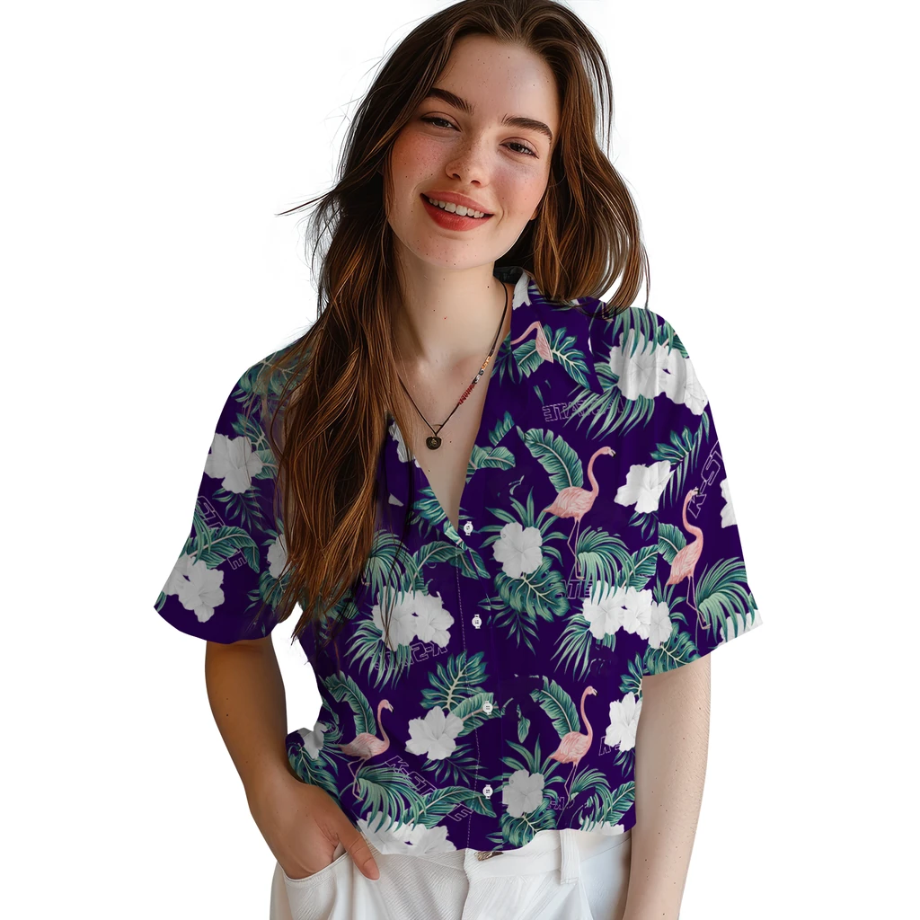 Kansas State Wildcats Hawaiian Shirt - Flamingo and Hibiscus kansas state wildcats flamingo palms purple hawaiian shirts latest model