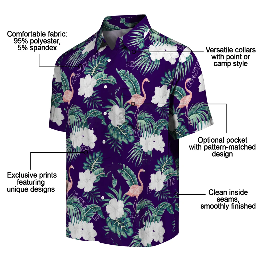 Kansas State Wildcats Hawaiian Shirt - Flamingo and Hibiscus kansas state wildcats flamingo palms purple hawaiian shirts new arrival
