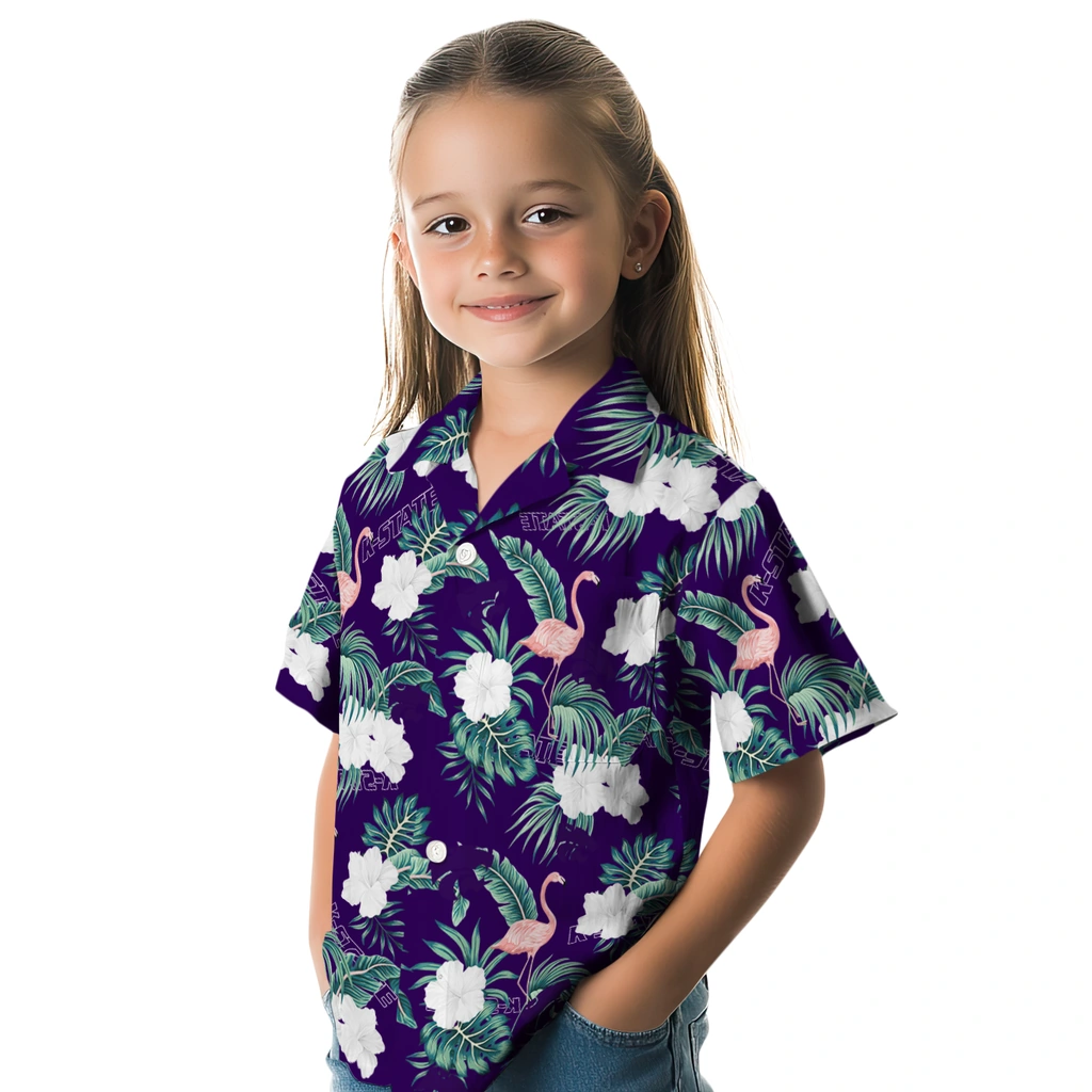 Kansas State Wildcats Hawaiian Shirt - Flamingo and Hibiscus kansas state wildcats flamingo palms purple hawaiian shirts premium grade