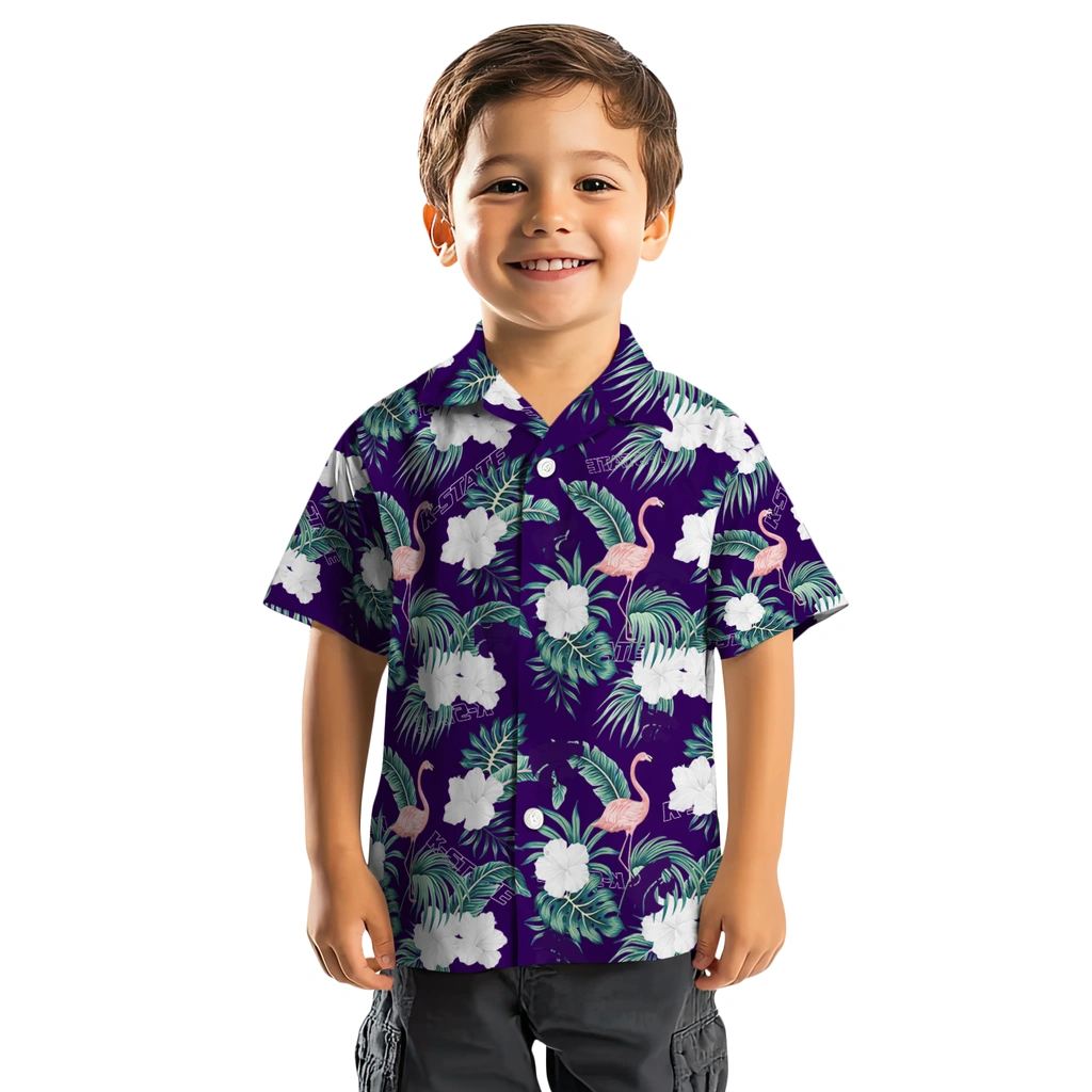 Kansas State Wildcats Hawaiian Shirt - Flamingo and Hibiscus kansas state wildcats flamingo palms purple hawaiian shirts top rated