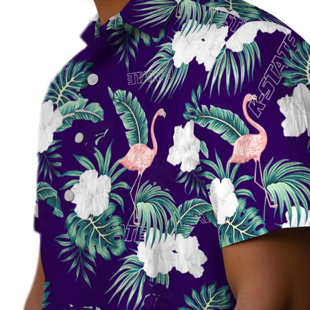 Kansas State Wildcats Hawaiian Shirt - Flamingo and Hibiscus kansas state wildcats flamingo palms purple hawaiian shirts trendy