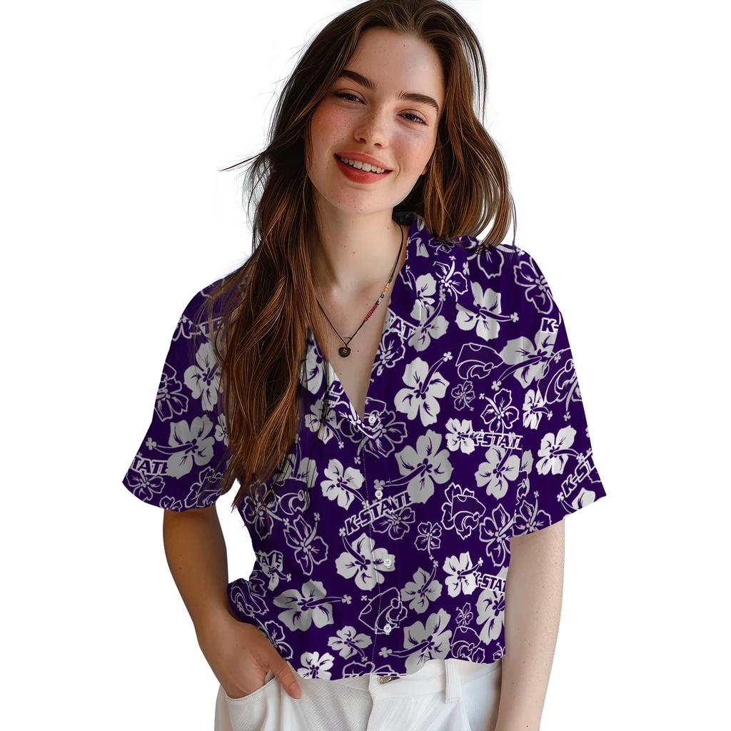Kansas State Wildcats Hawaiian Shirt - Hibiscus Flower Design kansas state wildcats hibiscus bloom purple hawaiian shirts latest model