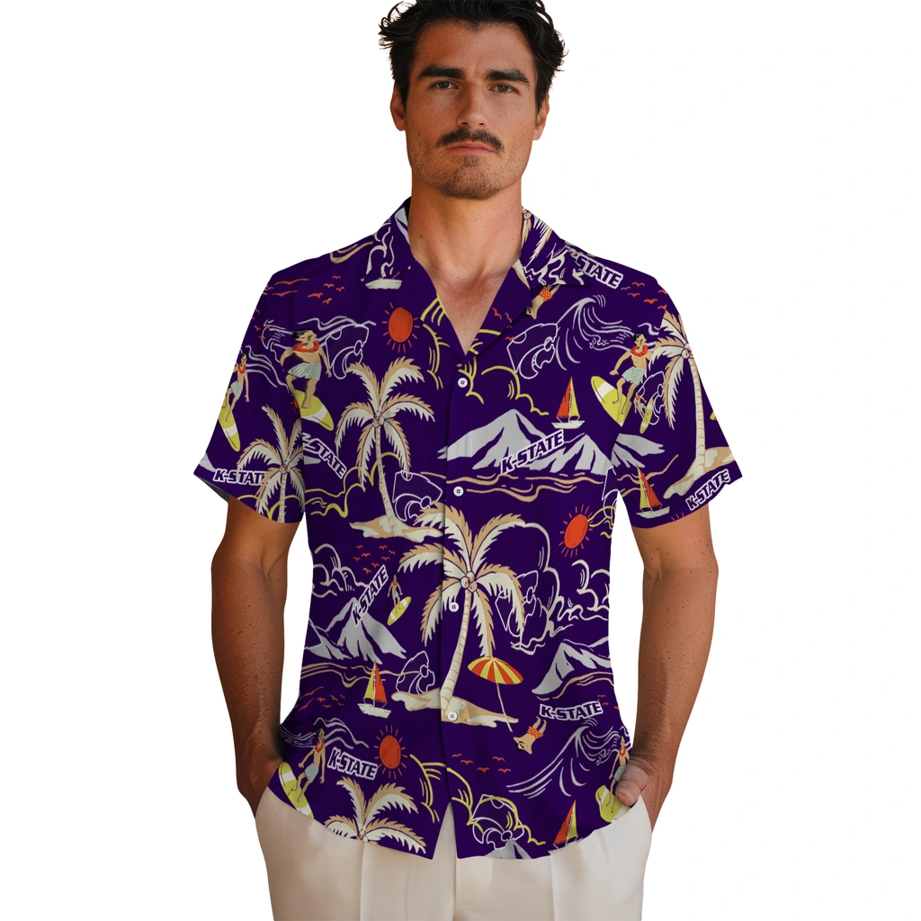 Kansas State Wildcats Hawaiian Shirt - Palm Tree Island kansas state wildcats palm tree island purple hawaiian shirts fashion forward
