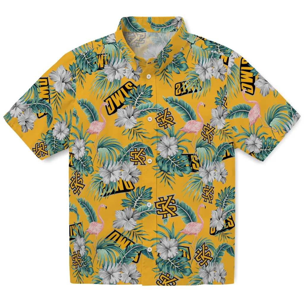 Kennesaw State Owls Hawaiian Shirt - Flamingo and Hibiscus kennesaw state owls flamingo palms gold hawaiian shirts best selling