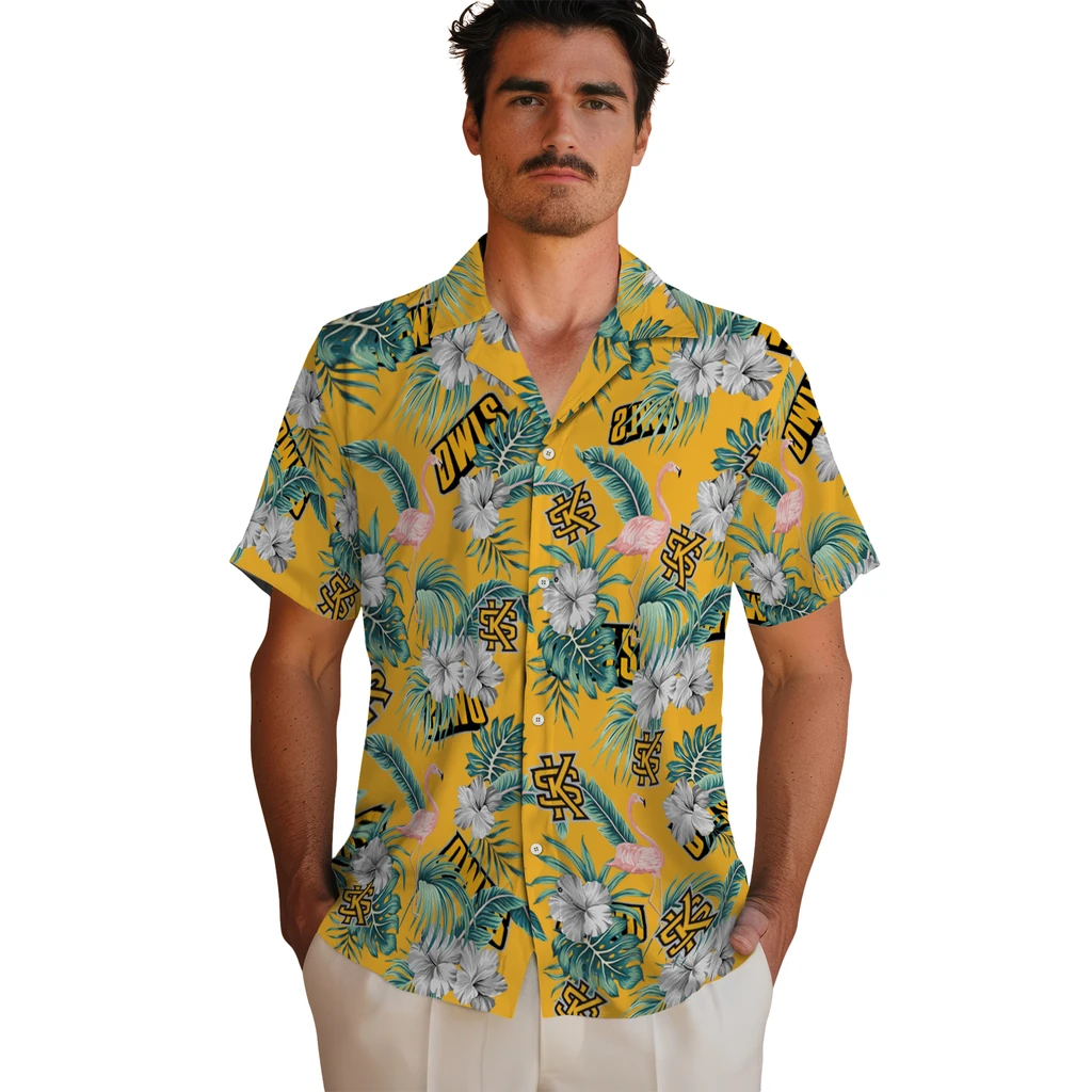 Kennesaw State Owls Hawaiian Shirt - Flamingo and Hibiscus kennesaw state owls flamingo palms gold hawaiian shirts fashion forward