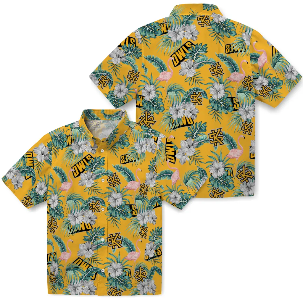 Kennesaw State Owls Hawaiian Shirt - Flamingo and Hibiscus kennesaw state owls flamingo palms gold hawaiian shirts high quality