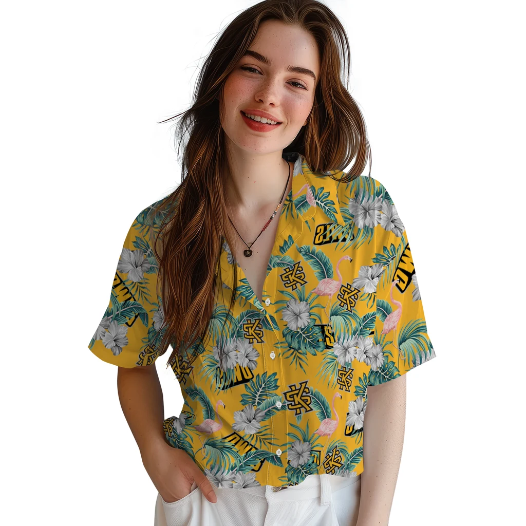 Kennesaw State Owls Hawaiian Shirt - Flamingo and Hibiscus kennesaw state owls flamingo palms gold hawaiian shirts latest model