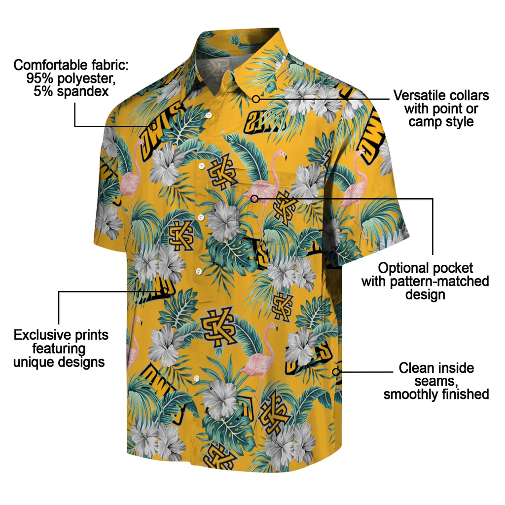 Kennesaw State Owls Hawaiian Shirt - Flamingo and Hibiscus kennesaw state owls flamingo palms gold hawaiian shirts new arrival
