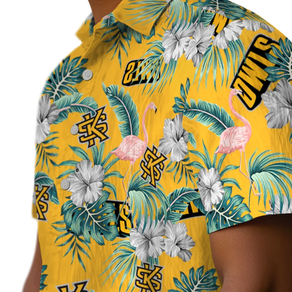 Kennesaw State Owls Hawaiian Shirt - Flamingo and Hibiscus kennesaw state owls flamingo palms gold hawaiian shirts trendy