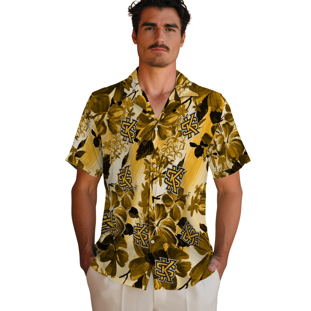 Kennesaw State Owls Hawaiian Shirt - Hibiscus Arrangement kennesaw state owls hibiscus arrangement gold hawaiian shirts fashion forward