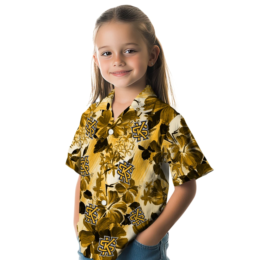 Kennesaw State Owls Hawaiian Shirt - Hibiscus Arrangement kennesaw state owls hibiscus arrangement gold hawaiian shirts premium grade